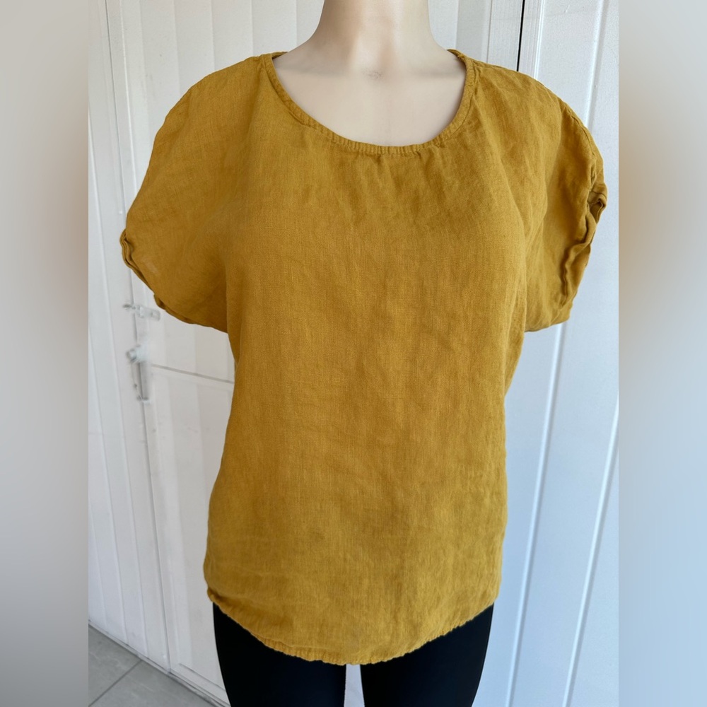 Terzo Millenio Italy Linen Mustard Yellow Tunic Top Short Sleeve Size S